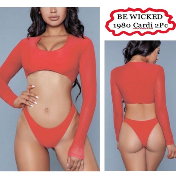 BE WICKED 1980 Cardi Red Long Sleeve Bikini Set - Picture 1 of 12
